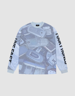 The LFDY Stolen Phones Longsleeve by LIVE FAST DIE YOUNG features a vintage wash, blue and gray old mobile phone print, bold black "LIVE FAST" and "PUSH PHONES" sleeve prints, light-colored cuffs and collar, and an oversize fit. | plain
