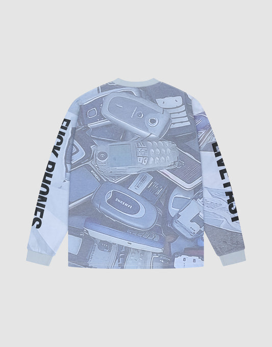 The LFDY Stolen Phones Longsleeve by LIVE FAST DIE YOUNG features an oversize fit, vintage wash, collage of old phones in muted hues, and bold sleeve prints: “FUCK PHONES” on one arm, “LIFESTYLE” on the other.