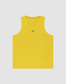 The Live Fast Performance Tank by LIVE FAST DIE YOUNG is a sleeveless yellow slim-fit top with a small blue and green logo and "Satisfy" printed on the chest, shown against a plain light gray background. | plain