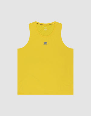 The Live Fast Performance Tank by LIVE FAST DIE YOUNG is a sleeveless yellow slim-fit top with a small blue and green logo and "Satisfy" printed on the chest, shown against a plain light gray background. | plain