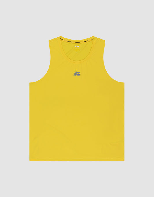 The Live Fast Performance Tank by LIVE FAST DIE YOUNG is a sleeveless yellow slim-fit top with a small blue and green logo and "Satisfy" printed on the chest, shown against a plain light gray background.