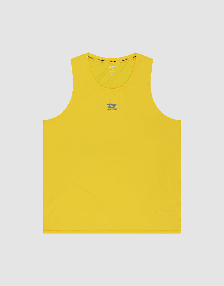 The Live Fast Performance Tank by LIVE FAST DIE YOUNG is a sleeveless yellow slim-fit top with a small blue and green logo and "Satisfy" printed on the chest, shown against a plain light gray background. | plain