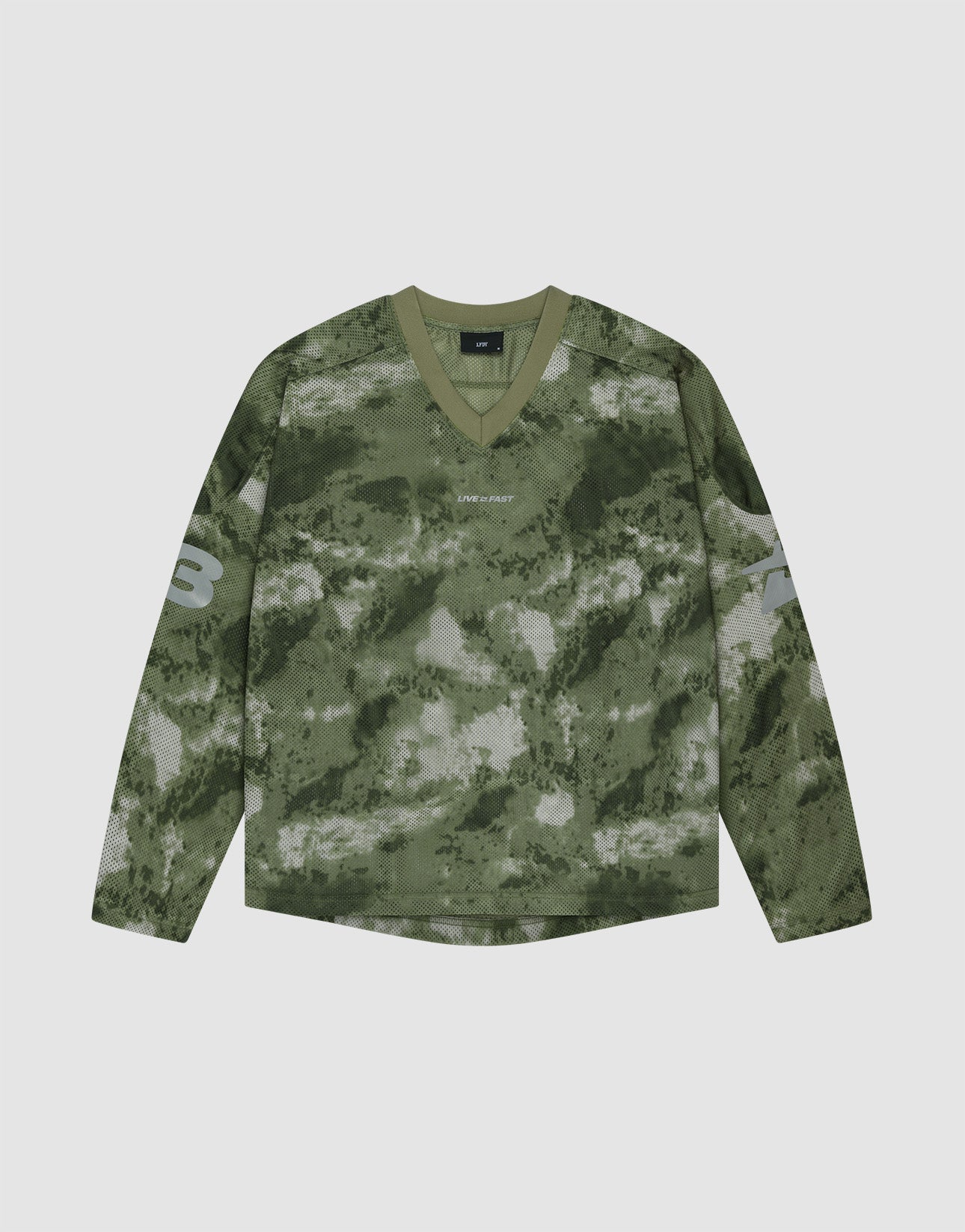 The LIVE FAST DIE YOUNG Camo Mesh Jersey is an oversized, long-sleeve V-neck shirt in green camo, with the number 3 on each sleeve and a small reflective LIVE FAST print on the chest. It is shown laid flat on a light background. | plain