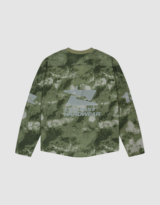 The LIVE FAST DIE YOUNG Camo Mesh Jersey features a green camo print, oversized fit, large tank graphic and BLAST HARDWEAR on the back, with bold white number 17 printed on both sleeves.