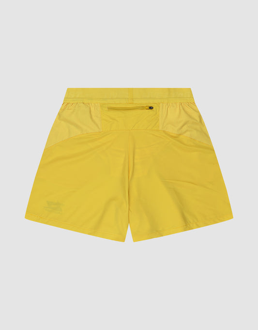 The Live Fast Performance Shorts by LIVE FAST DIE YOUNG are bright yellow with an Elastikbund waistband, zipper pocket, upper side mesh panels, relaxed fit, and lightweight fabric. Simple design shown from the back.