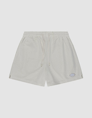 The LIVE FAST DIE YOUNG Basic Mesh Shorts in light gray are made from 100% polyester with an elastic waistband, white drawstrings, and a small logo patch on the lower left leg. Shown flat on a plain white background. | plain