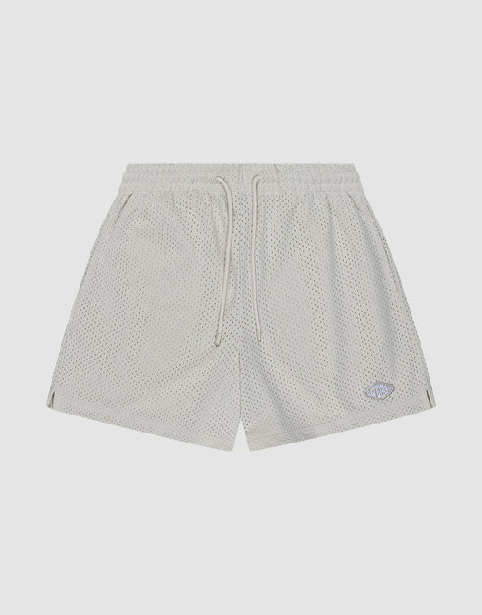 The LIVE FAST DIE YOUNG Basic Mesh Shorts in light gray are made from 100% polyester with an elastic waistband, white drawstrings, and a small logo patch on the lower left leg. Shown flat on a plain white background. | plain