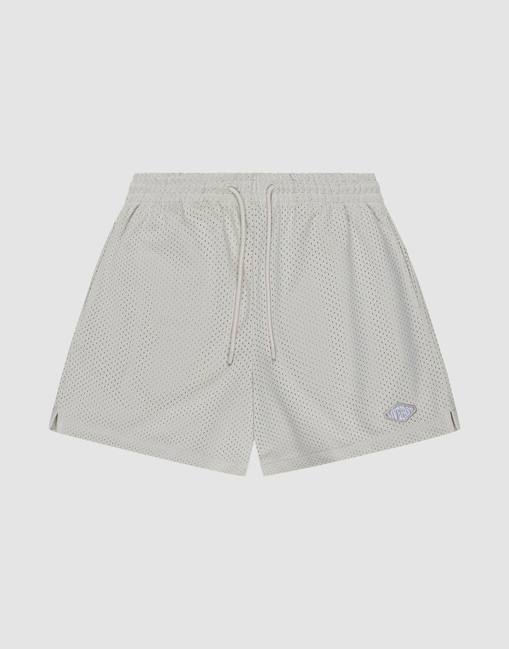 The LIVE FAST DIE YOUNG Basic Mesh Shorts in light gray are made from 100% polyester with an elastic waistband, white drawstrings, and a small logo patch on the lower left leg. Shown flat on a plain white background. | plain
