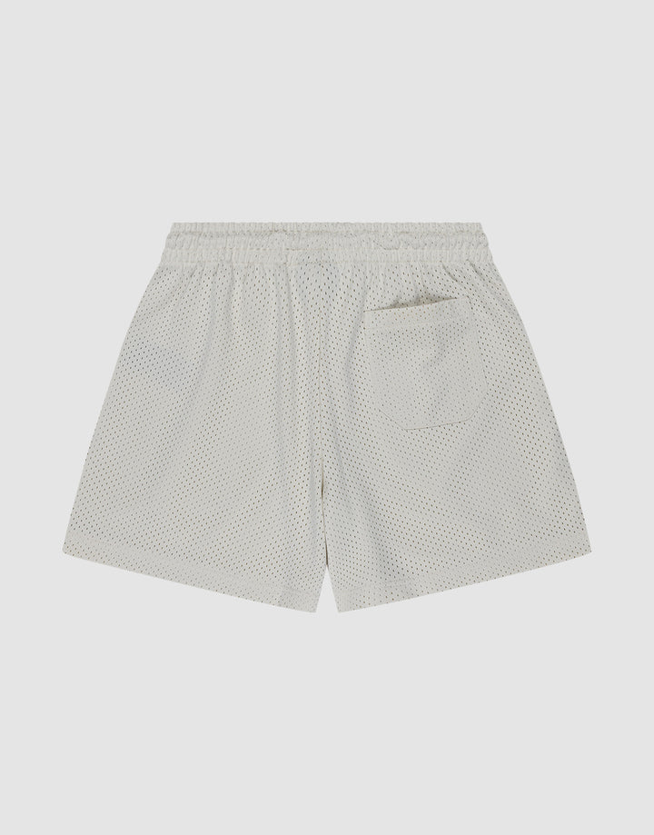 LIVE FAST DIE YOUNG Basic Mesh Shorts in light gray, crafted from 100% polyester athletic mesh, featuring a logo patch, elastic waistband, and single back pocket, shown on a plain white background.