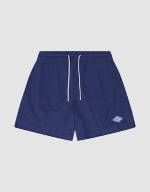 LIVE FAST DIE YOUNG Basic Mesh Shorts in navy blue polyester with a regular fit, elastic waistband, white drawstrings, and a small white embroidered logo on the left leg. Shown on a plain white background. | plain