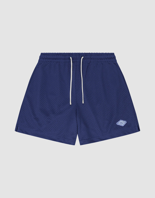 LIVE FAST DIE YOUNG Basic Mesh Shorts in navy blue polyester with a regular fit, elastic waistband, white drawstrings, and a small white embroidered logo on the left leg. Shown on a plain white background. | plain