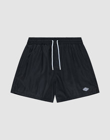 The Basic Satin Shorts by LIVE FAST DIE YOUNG are black polyester athletic shorts with an elastic waistband, white drawstrings, and a small white logo on the lower left leg, shown against a plain light gray background. | plain