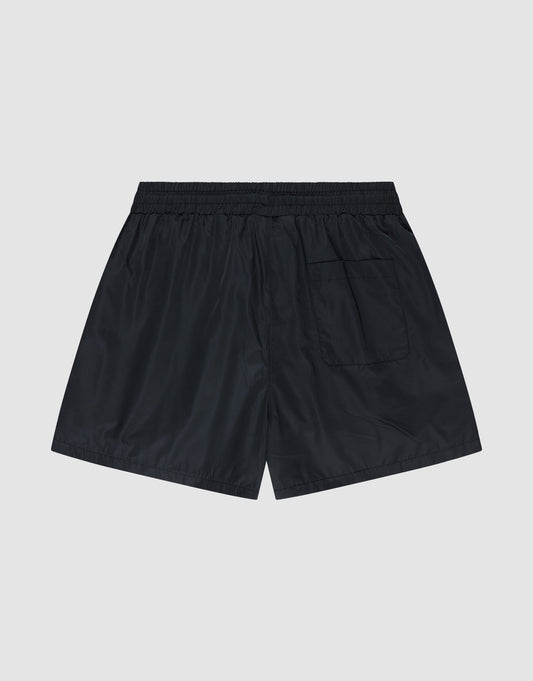 LIVE FAST DIE YOUNG Basic Satin Shorts in black, featuring an elastic waistband and a single back pocket, are crafted from lightweight polyester and shown flat on a light gray background.