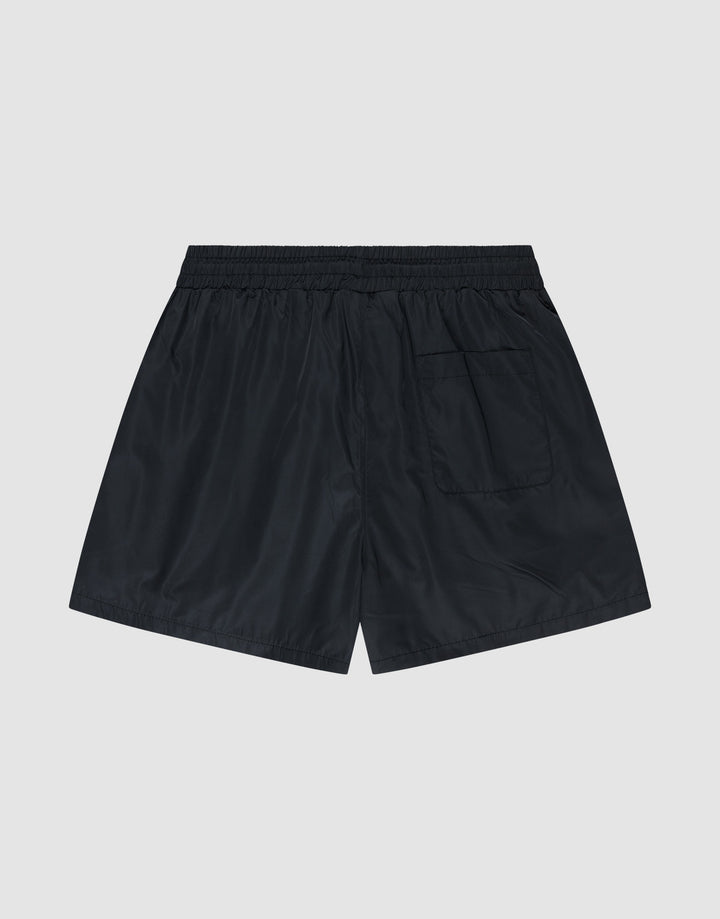 LIVE FAST DIE YOUNG Basic Satin Shorts in black, featuring an elastic waistband and a single back pocket, are crafted from lightweight polyester and shown flat on a light gray background.