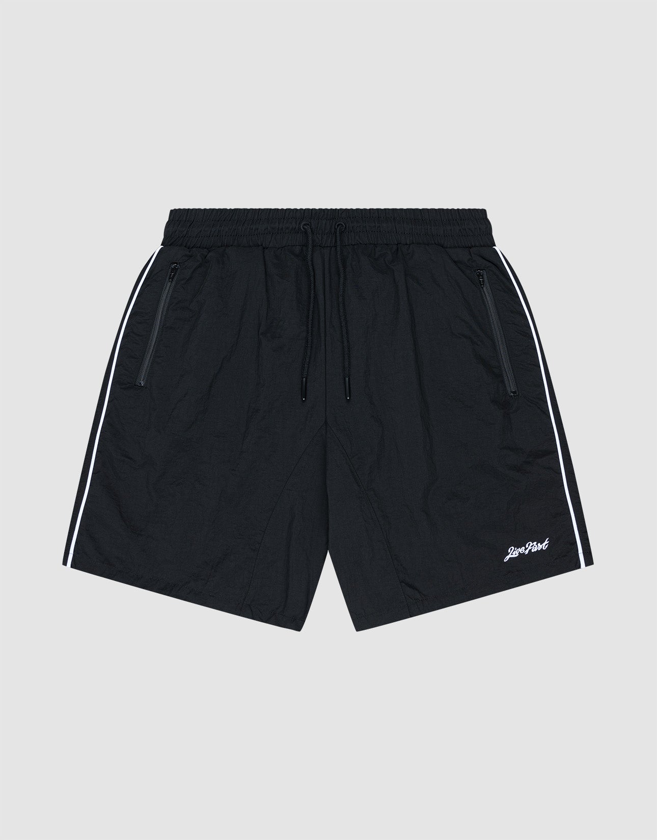 LIVE FAST DIE YOUNG Beach Shorts feature black fabric, elastic waistband with drawstrings, zip pockets, white piping on the sides, and a small white logo embroidered near the left hem. Regular fit offers comfort for any occasion.