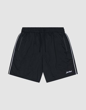 LIVE FAST DIE YOUNG Beach Shorts feature black fabric, elastic waistband with drawstrings, zip pockets, white piping on the sides, and a small white logo embroidered near the left hem. Regular fit offers comfort for any occasion. | plain