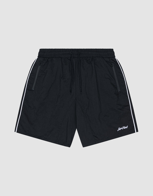 LIVE FAST DIE YOUNG Beach Shorts feature black fabric, elastic waistband with drawstrings, zip pockets, white piping on the sides, and a small white logo embroidered near the left hem. Regular fit offers comfort for any occasion. | plain