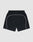 LIVE FAST DIE YOUNG Beach Shorts—black athletic swimwear with an elastic waistband and white curved piping along the sides and back in a Regular Fit, shown on a plain light gray background.