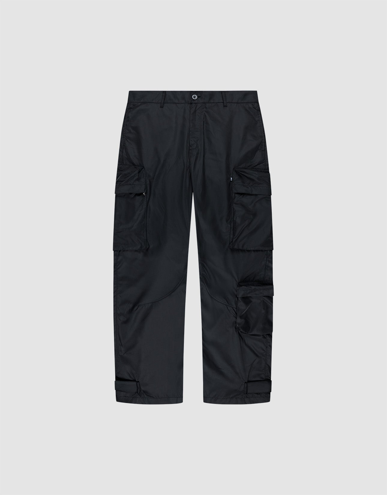 The LIVE FAST DIE YOUNG Nylon Cargo features multiple large cargo pockets and adjustable ankle straps, made from durable polyester in a Regular Fit, shown against a plain light gray background.