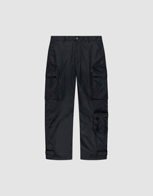 The LIVE FAST DIE YOUNG Nylon Cargo features multiple large cargo pockets and adjustable ankle straps, made from durable polyester in a Regular Fit, shown against a plain light gray background. | plain