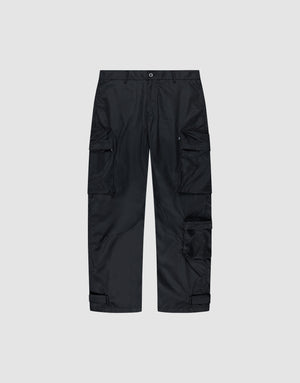 The LIVE FAST DIE YOUNG Nylon Cargo features multiple large cargo pockets and adjustable ankle straps, made from durable polyester in a Regular Fit, shown against a plain light gray background. | plain