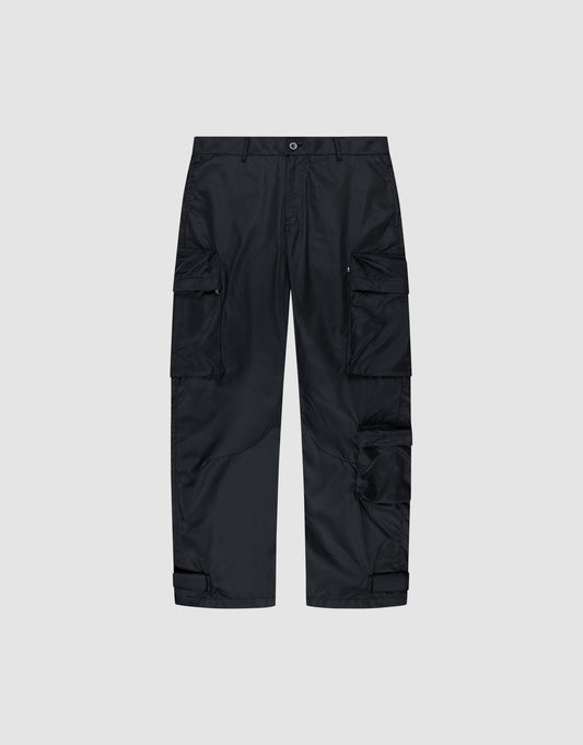The LIVE FAST DIE YOUNG Nylon Cargo features multiple large cargo pockets and adjustable ankle straps, made from durable polyester in a Regular Fit, shown against a plain light gray background. | plain