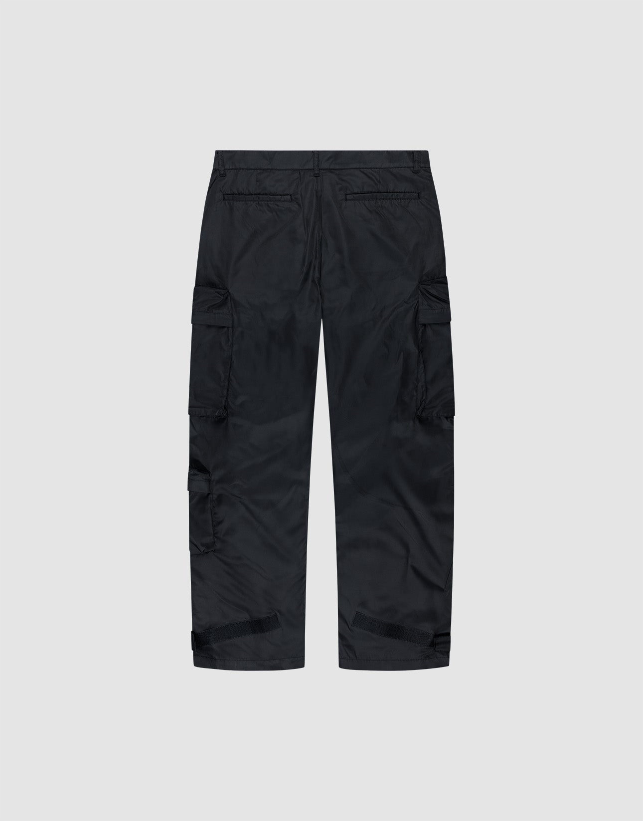 LIVE FAST DIE YOUNG’s Nylon Cargo pants, shown from the back on a light gray background, feature multiple cargo pockets, straight legs, and a regular fit in durable polyester.