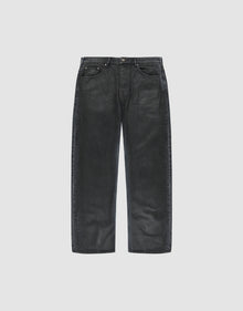 The LFDY Coated Baggy Denim by LIVE FAST DIE YOUNG features a black, 100% Baumwolle build with a weites gerades Bein, classic five-pocket style, and button closure, shown on a plain white background. | plain