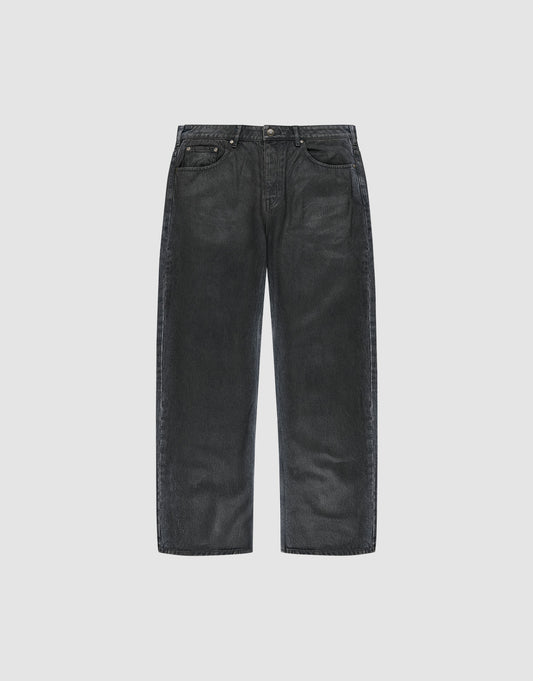 The LFDY Coated Baggy Denim by LIVE FAST DIE YOUNG features a black, 100% Baumwolle build with a weites gerades Bein, classic five-pocket style, and button closure, shown on a plain white background. | plain
