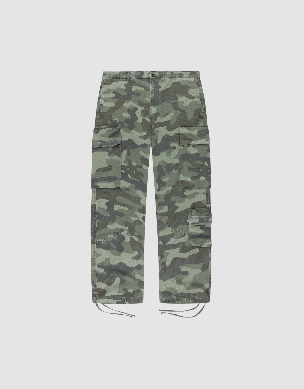 The Army Cargo pants by LIVE FAST DIE YOUNG feature green camo Ripstop fabric, multiple cargo pockets, a wide fit, and ankle drawstrings. Displayed laid flat on a plain white background. | plain
