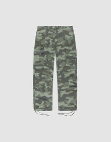 The Army Cargo pants by LIVE FAST DIE YOUNG feature green camo Ripstop fabric, multiple cargo pockets, a wide fit, and ankle drawstrings. Displayed laid flat on a plain white background. | plain