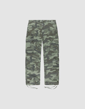 The Army Cargo pants by LIVE FAST DIE YOUNG feature green camo Ripstop fabric, multiple cargo pockets, a wide fit, and ankle drawstrings. Displayed laid flat on a plain white background. | plain