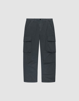 The LIVE FAST DIE YOUNG Wide Cargo pants in dark gray feature a wide fit, durable Ripstop fabric, side pockets, front button and zip closure, plus two large flap cargo pockets on each thigh. Shown laid flat on a light background. | plain