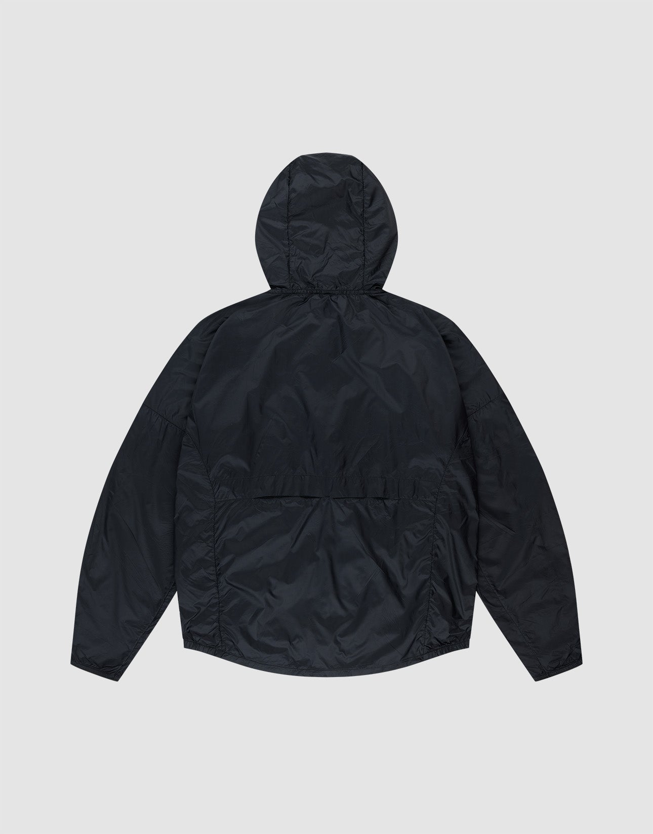 The LIVE FAST DIE YOUNG Live Fast Performance Rain Jacket is shown flat on a light gray background, back view, in black with hood and visor, long sleeves, waterproof seams, and a relaxed fit.