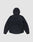 The LIVE FAST DIE YOUNG Live Fast Performance Rain Jacket is shown flat on a light gray background, back view, in black with hood and visor, long sleeves, waterproof seams, and a relaxed fit.