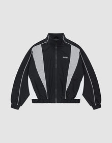 The LIVE FAST DIE YOUNG Basic Nylon Trackjacket features black and gray color-blocking, a high collar, front zipper, elastic cuffs and hem, white piping on the sleeves, side pockets for convenience, logo print on the left chest, and a Regular Fit. | plain