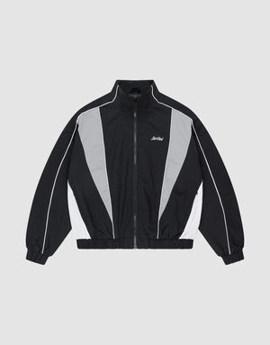 The LIVE FAST DIE YOUNG Basic Nylon Trackjacket features black and gray color-blocking, a high collar, front zipper, elastic cuffs and hem, white piping on the sleeves, side pockets for convenience, logo print on the left chest, and a Regular Fit. | plain