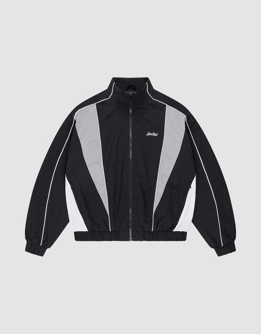 The LIVE FAST DIE YOUNG Basic Nylon Trackjacket features black and gray color-blocking, a high collar, front zipper, elastic cuffs and hem, white piping on the sleeves, side pockets for convenience, logo print on the left chest, and a Regular Fit. | plain