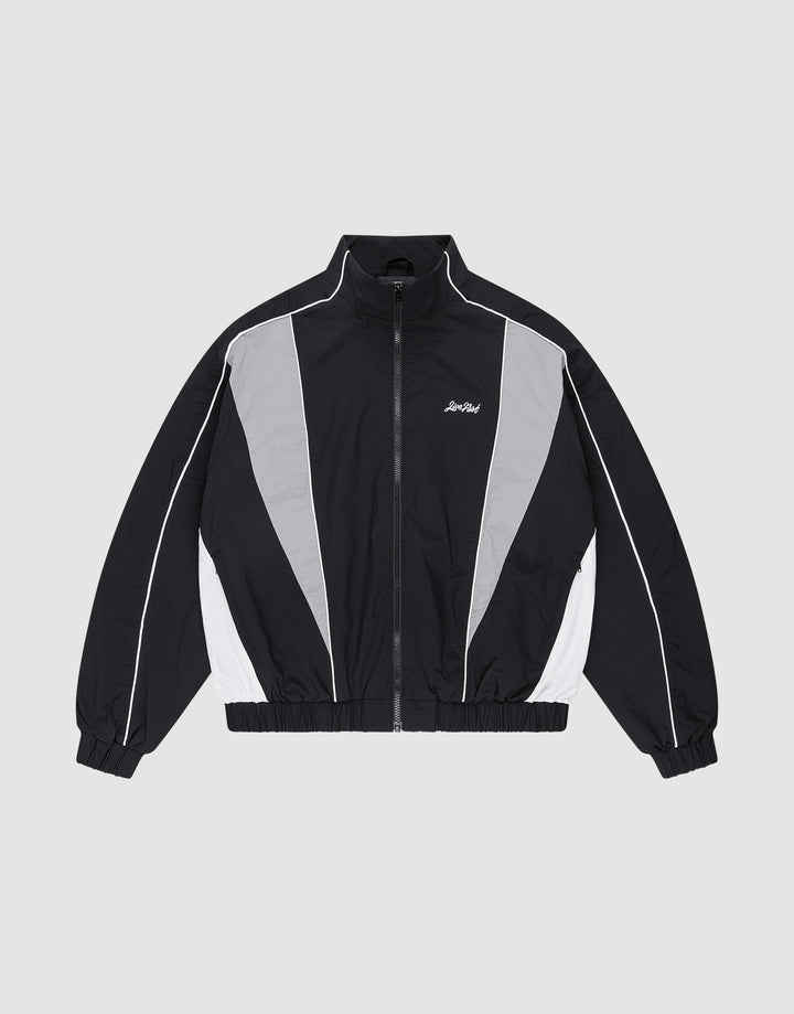 The LIVE FAST DIE YOUNG Basic Nylon Trackjacket features black and gray color-blocking, a high collar, front zipper, elastic cuffs and hem, white piping on the sleeves, side pockets for convenience, logo print on the left chest, and a Regular Fit. | plain