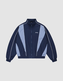 The LIVE FAST DIE YOUNG Basic Nylon Trackjacket in navy and light blue features white piping, a full front zipper, high collar, and elastic cuffs and waistband, shown flat on a light gray background. | plain