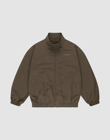 The LFDY Trackjacket by LIVE FAST DIE YOUNG is a brown zip-up with a stand collar, elastic cuffs and hem, oversize fit, two side pockets, and small white "LIMPIDUNIT" text on the left chest. Displayed on a plain white background. | plain