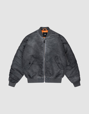 The Washed Bomber Jacket from LIVE FAST DIE YOUNG features a dark gray vintage look, front zipper, ribbed cuffs and hem, two snap pockets, orange collar lining, and a regular polyester fit. Shown on a plain light background. | plain