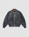 The Washed Bomber Jacket from LIVE FAST DIE YOUNG features a dark gray vintage look, front zipper, ribbed cuffs and hem, two snap pockets, orange collar lining, and a regular polyester fit. Shown on a plain light background.