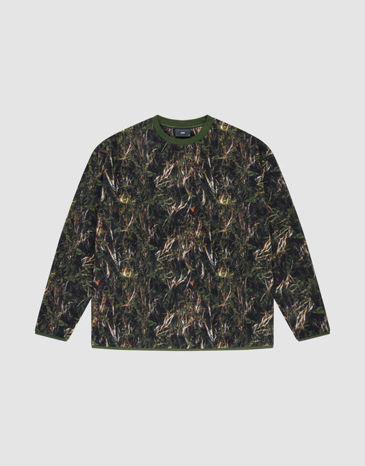 The LFDY Fleece Longsleeve by LIVE FAST DIE YOUNG features a dark green and brown camo pattern, solid olive crew neck, and elastic cuffs, shown against a plain white background.
