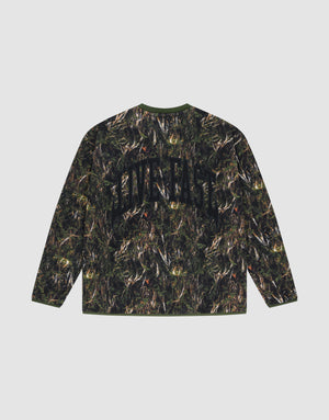 The LFDY Fleece Longsleeve by LIVE FAST DIE YOUNG features an oversize fit, green and brown camo print, elastic cuffs, and bold LIVE FAST lettering on the back. | plain