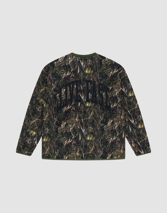 The LFDY Fleece Longsleeve by LIVE FAST DIE YOUNG features an oversize fit, green and brown camo print, elastic cuffs, and bold LIVE FAST lettering on the back. | plain