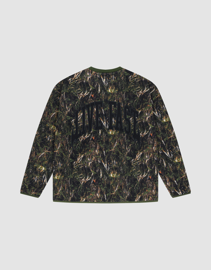 The LFDY Fleece Longsleeve by LIVE FAST DIE YOUNG features an oversize fit, green and brown camo print, elastic cuffs, and bold LIVE FAST lettering on the back. | plain