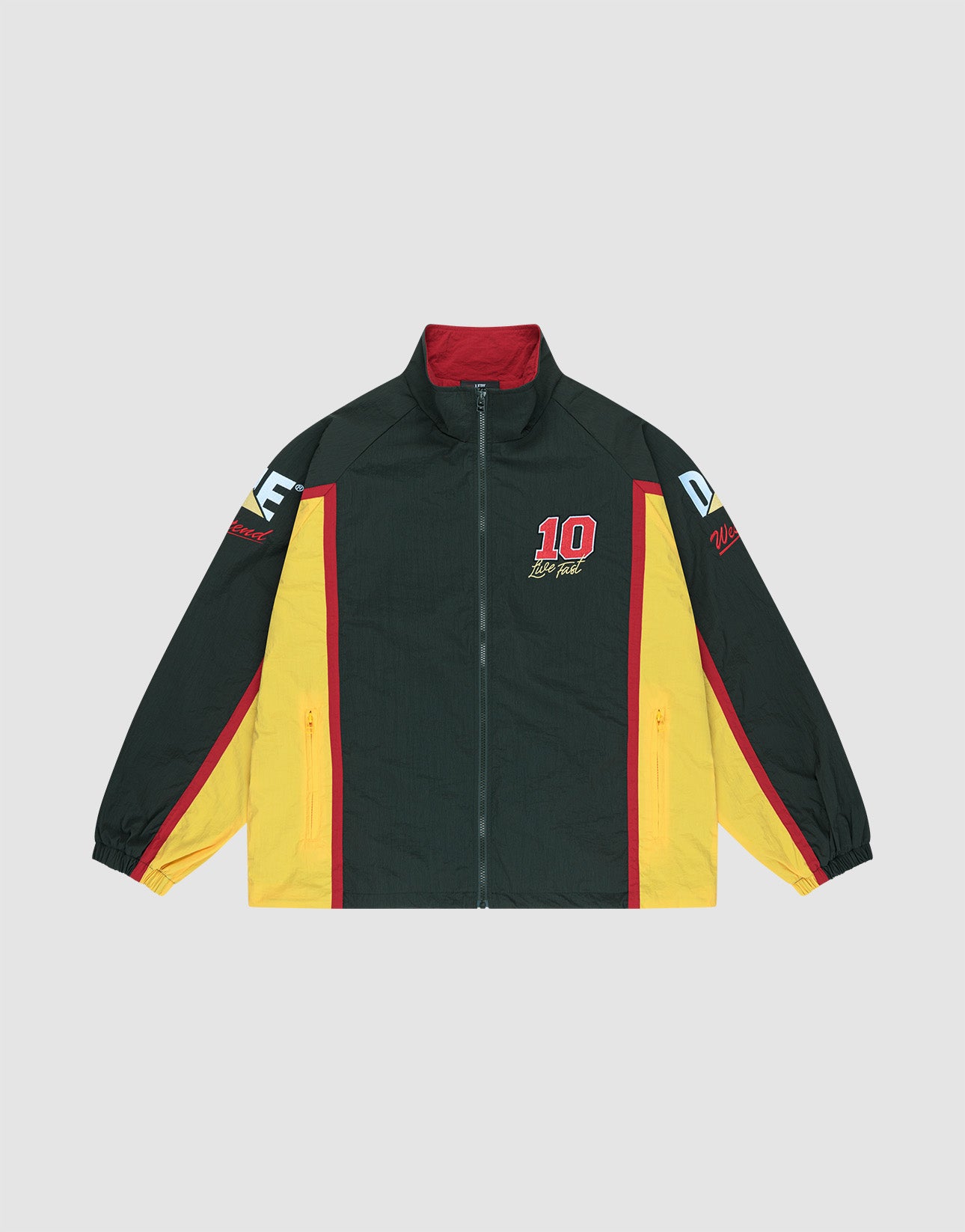 The Westend Trackjacket by LIVE FAST DIE YOUNG is a regular-fit, color-block polyester jacket in black, yellow, and red. It features multi-logos—number 10 and "stay real" on the chest—graphic sleeve details, front zipper, and elastic cuffs.