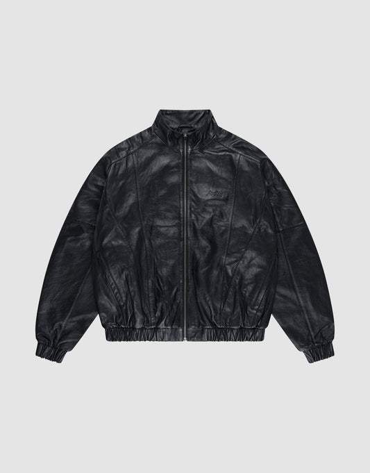 The Live Fast Leather Trackjacket by LIVE FAST DIE YOUNG is a black, zip-up, long-sleeve jacket with an embossed logo, Stehkragen, and elastic cuffs and waistband, shown on a plain light gray background. | plain