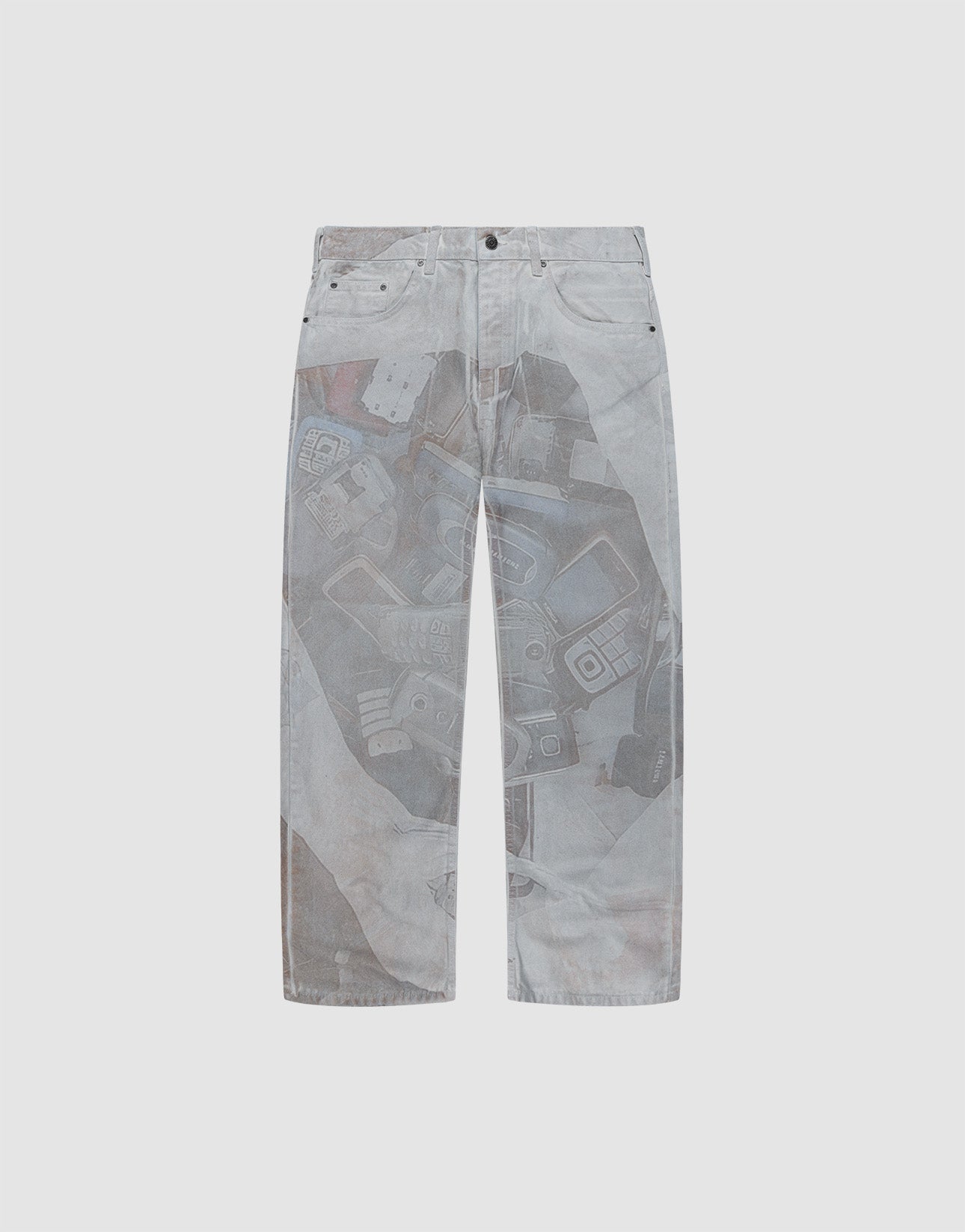 The LFDY Stolen Phones Denim by LIVE FAST DIE YOUNG features light gray 100% Baumwolle denim in a relaxed baggy fit with an all-over vintage mobile phone print, classic five-pocket design, and button closure. | plain